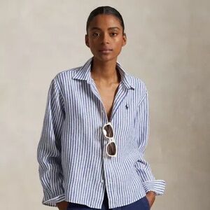 Polo Ralph Lauren Wide Cropped Striped Linen Shirt In White Blue